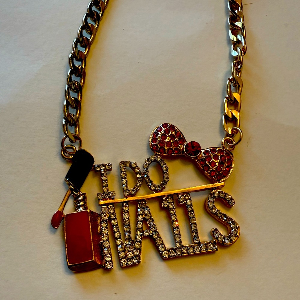 Gold and Red 'I Do Nails' Necklace statement pendant